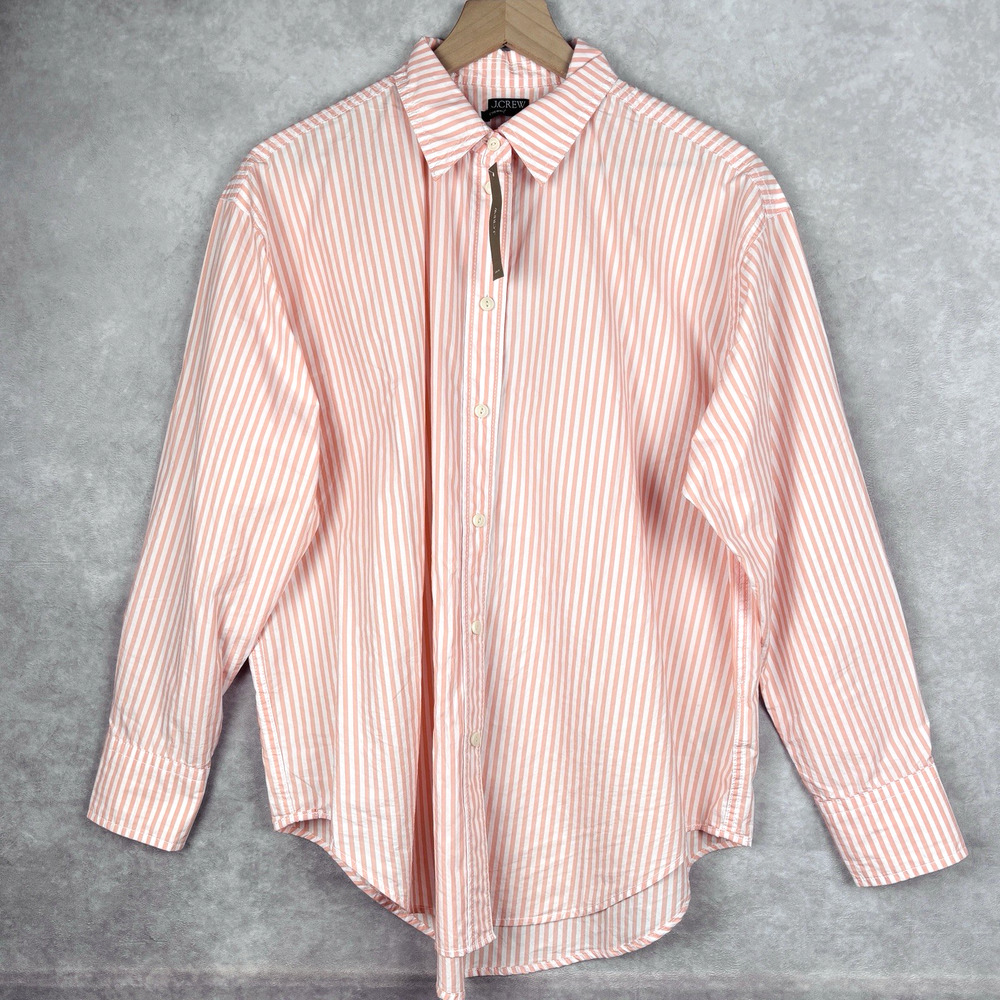 J.Crew Women's Button Up Shirt Pink White Striped Relaxed 100% Cotton Poplin XS